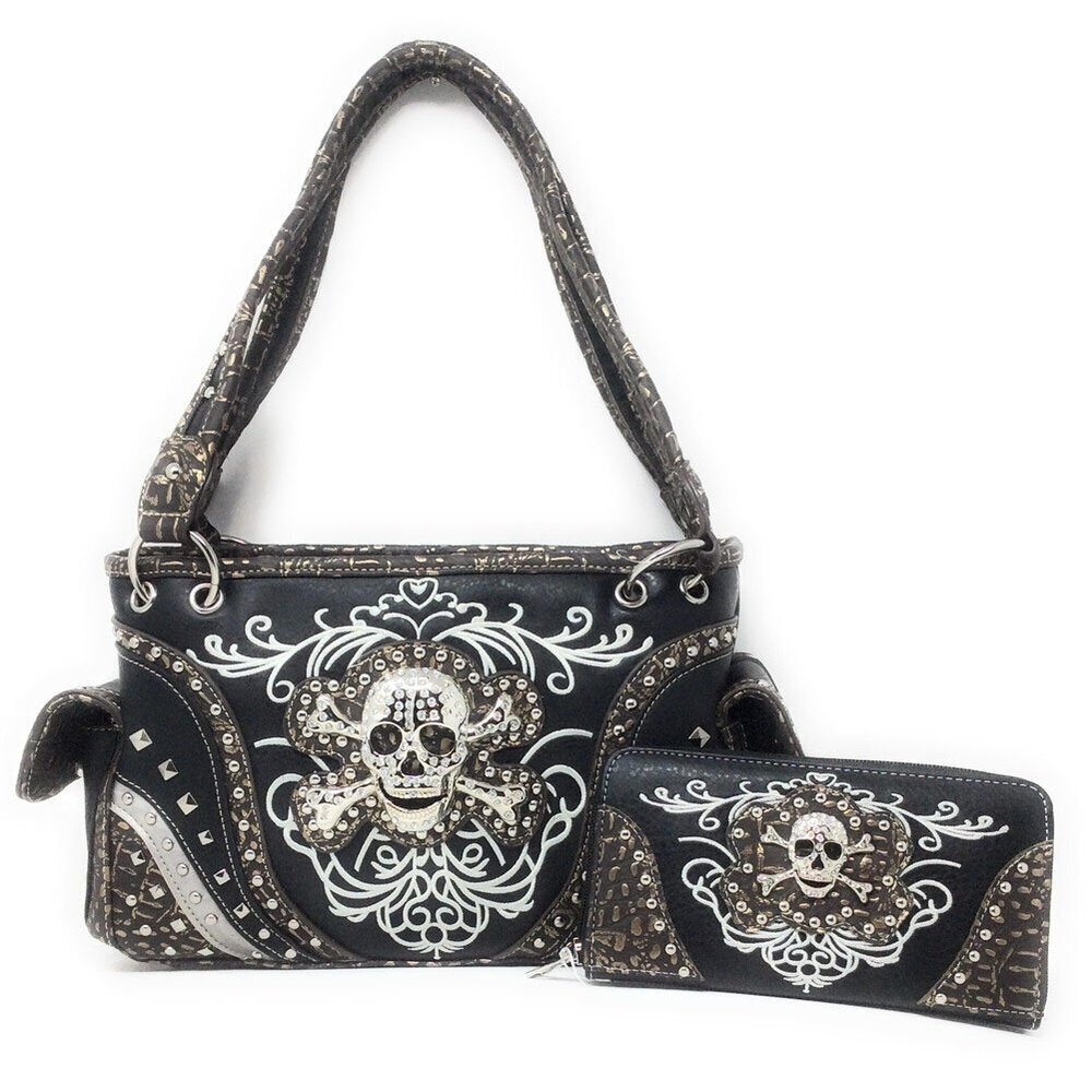 3706 Rhinestone Embroidered Metal Skull Leather Concealed Carry Handbag